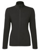 A black women's microfleece zip jacket with a high collar and long sleeves, featuring a logo on the chest.