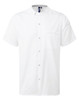 A short-sleeved, white chef's shirt with a high collar and a front pocket. It features a logo on the label.