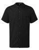 A short-sleeved black shirt featuring a mandarin collar and a single chest pocket, with a logo on it.