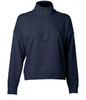 A navy quarter zip pullover for women, featuring a high collar and relaxed fit. Includes a logo on the garment.