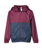 A maroon and navy lightweight windbreaker jacket with a hood and front zipper, featuring a logo.