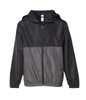 A lightweight windbreaker jacket in black and grey, featuring a hood and zippered front, with an adjustable hem.
