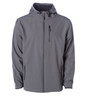 A grey men's soft shell poly zip jacket featuring a hood and zippered pockets. It has a logo on the front.