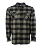 A men's flannel shirt in black and cream check pattern with chest pockets and button-up front.