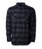 A black and grey check flannel shirt with two chest pockets and button-up front. It features a small logo.