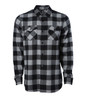 A black and grey checked flannel shirt featuring two chest pockets and a button-up front. It has a logo on the label.