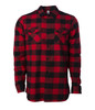 A red and black checkered flannel shirt featuring two chest pockets and a button-up front. It has a logo on the label.