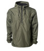 A lightweight olive green anorak windbreaker with a hood and front pouch pocket, featuring a logo.
