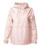 A lightweight, pink men's anorak windbreaker with a hood and a front pocket. Features a logo on the front.