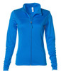 A women's zip-up jacket in bright blue polyester, featuring long sleeves and a collar, with a logo on the front.