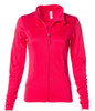 A bright pink women's polyester athletic zip jacket with long sleeves and a zipped front. It features a logo.