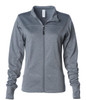 A women's athletic zip jacket in grey with long sleeves and a zip front. It features a logo on the chest.