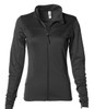 A women's black polyester athletic zip jacket featuring long sleeves and a high collar. It has a front zip and pockets.
