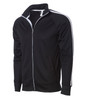 A black poly zip track jacket with white side stripes and a collar, featuring a logo on the chest.