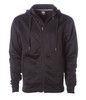 A black zip-up hoodie featuring a drawstring hood and a logo on the front.