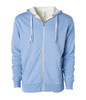 A blue unisex zip hoodie with a white sherpa lining and adjustable drawstrings on the hood.