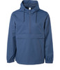 A blue men's nylon anorak windbreaker jacket with a hood and a front pocket, featuring a logo.