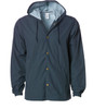 A men's navy nylon hooded windbreaker with a light blue lining, featuring a front snap closure and drawstrings.