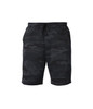 A pair of men's midweight sweatshorts in a black camouflage pattern, featuring an elastic waistband with a drawstring.