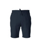 A pair of navy midweight sweatshorts with an elastic waistband and drawstring. Features a logo on the waistband.