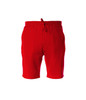 A pair of red midweight sweatshorts with an elastic waistband and pockets. Features a logo on the fabric.