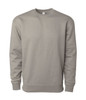 A grey heavyweight crew jumper featuring a crew neckline and long sleeves, with a simple design and branding.