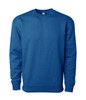 A blue heavyweight crew sweatshirt featuring a ribbed neckline and cuffs, with a logo on the front.