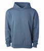 A blue pullover hooded sweatshirt with a front kangaroo pocket and a spacious hood. It has a logo on the front.