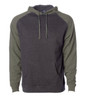 A raglan sleeve pullover hood in dark grey with olive green sleeves and a front pocket. Features a logo.