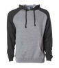A grey pullover hoodie with black raglan sleeves and a front pocket, featuring a hood and drawstrings.