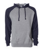 A grey pullover hood with navy raglan sleeves and a front pocket. Features a logo on the chest.