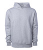 A grey pullover hoodie with a front pocket and a hood, featuring a logo on the chest.