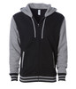 A black and grey unisex varsity zip hood with a hood and contrasting sleeves, featuring pockets and a logo.