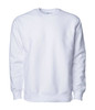 A white heavyweight crew sweatshirt with long sleeves and a simple design. It has a logo on the front.