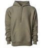A heavyweight hooded sweatshirt in a muted olive green colour with a front pocket and drawstring hood.