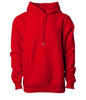 A red heavyweight hooded sweatshirt with a front pocket and a drawstring hood. It has a logo on the front.
