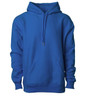 A blue heavyweight hoodie with a front pocket and drawstring hood. It features a logo on the front.
