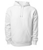 A white heavyweight hooded sweatshirt with a front pocket and drawstrings. It features a logo on the chest area.