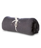 A rolled grey stadium blanket secured with a white tie, featuring a soft texture and compact design.