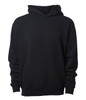 A black heavyweight modal hooded sweatshirt with a front pocket and a relaxed fit. It features a branding logo.