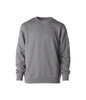 A grey crew sweatshirt with long sleeves and a round neckline. It features a logo on one side.