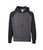 A zip hoodie featuring a black and grey design, with a kangaroo pocket and a hood. It has raglan sleeves.