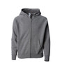 A grey zip hoodie for toddlers, featuring a hood and front pockets. It has a logo on the sleeve.