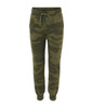 Camo-patterned green toddler sweatpants with an elastic waistband and drawstring. Features a logo on the waistband.