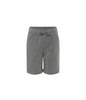 A pair of grey sweatshorts with an elastic waistband and drawstring, featuring a casual design.