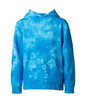A youth pullover hoodie in blue tie-dye with a front pocket and a hood. It features a subtle, cloud-like pattern.