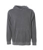 A grey pullover hoodie with a front pocket and a hood. It features a logo on the garment.