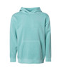 A youth pullover hoodie in a soft turquoise colour featuring a front pocket and a classic hood.