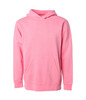 A pink pullover hoodie with a front pocket and a hood, featuring a logo.