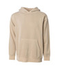 A beige youth pullover hoodie featuring a front pocket and a hood. The item has a logo on it.